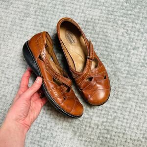 Vintage Warm Brown Leather Strappy Round Toe Clog Flats Comfort Shoes Mary Jane